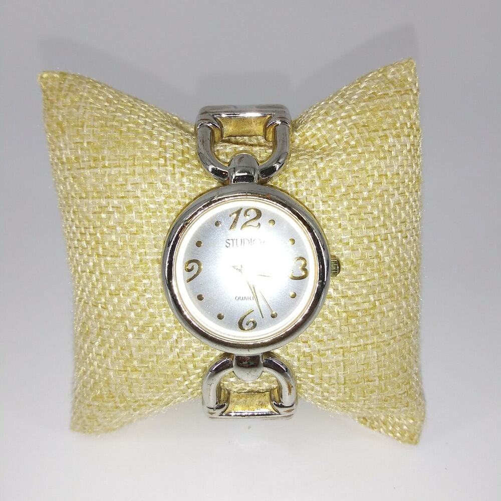 Studio Womens Wristwatch Watch Silver Tone Cuff Circle Shaped